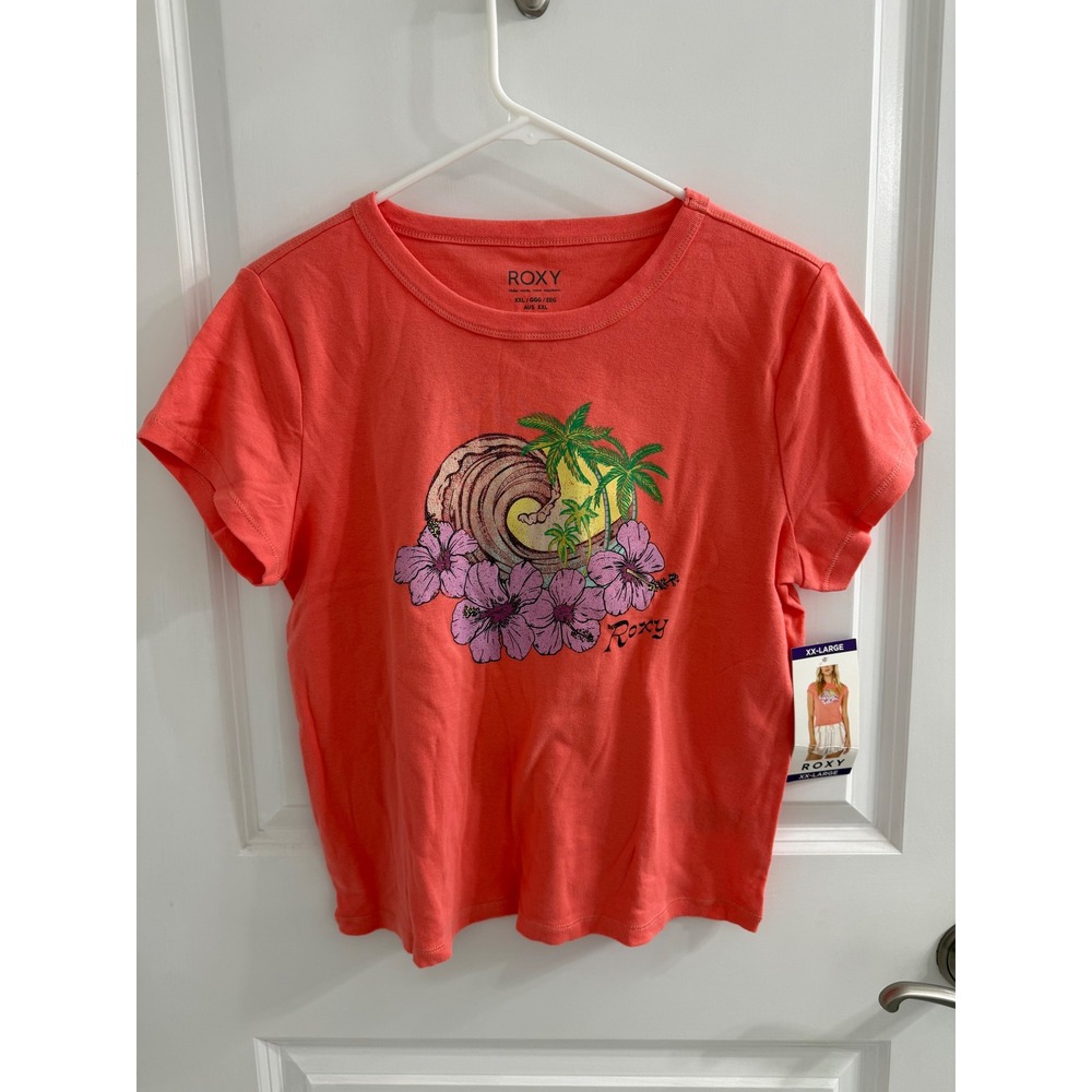 Roxy Baby Tee Coral Pink Tropical Hibiscus Wave Graphic T-Shirt XXL RZ72050AYFSS